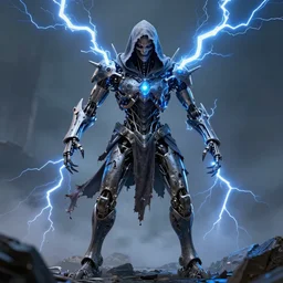 character design, biomechanical arcanist, tattered hood, blue lightning, scary, arrogant, challenging, photorealistic, cinematic, hyper realistic, octane render, 8 k, wide angle