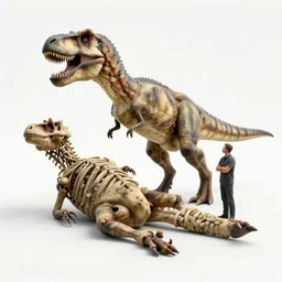 a mummified t-rex corpse found in the artic with a man standing next to the t-rex corpse and waving at the camera, he is wearing a white full body suit, taken by a ww2 camera.