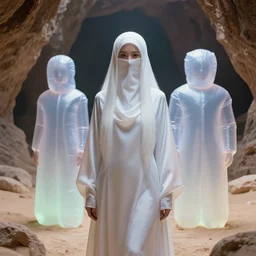 portrait of kang seul - gi, white long hair, burka, cyberpunk, in a alien cave. ruan jia, weldon casey, giger. cinematic. smooth gradients, transparent inflatable structures in akakus desert. trending on artstation.