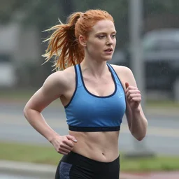 Christina Hendricks with sports bra running, raining, cinema effect, body, 4k,
