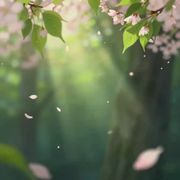 closeup a lot of sakura petals and green leaves flow in the air, in gentle green dawn light, blurred forest background, eyvind earle, studio ghibli painting, cinematic lighting, volumetric lighting, smooth, sharp focus, highly detailed, render in unreal engine 5, artstation, deviantart, behance, trending, epic composition, octane, light rays, award - winning