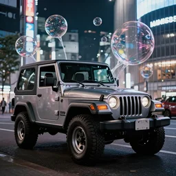 grainy photograph of an Itasha style 1997 hardtop Jeep Wrangler, urban Shibuya, floating transparent orbs of liquid branching off refracting Jeep, neon night, cinematic, refraction, octane render, photorealistic, dark, atmospheric, insanely detailed, lights and shadows