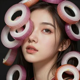the face of a ridiculously beautiful and pretty woman partially made of onion rings of all colors looking up, an ultrafine detailed illustration by james jean, final fantasy, intricate linework, bright colors, behance contest winner, vanitas, angular, altermodern, unreal engine 5 highly rendered, global illumination, radiant light, detailed and intricate environment