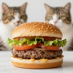 full close up image burger food, burger and a cat, in front of a cat, photo of a burger and a cat, 😸🍔, close up, full image, food, burger, hamburger, tasty look, artstation, style of jesper ejsing, by rhads, makoto shinkai and lois van baarle, ilya kuvshinov, rossdraws