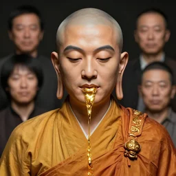 highly detailed potrait of buddhist monk with liquid gold coming out of in his mounth by stanley kubrick and tooth wu and wlop and beeple