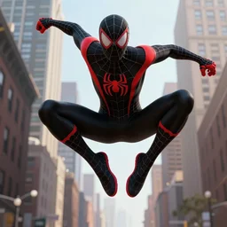 exciting matte painting full body character portrait of miles morales spiderman from into the spiderverse swinging through brooklyn new york, black and red color scheme costume, miles morales!!!, into the spiderverse, spiderverse, 8 k, octane render, spiderman costume, in the style of sony pictures animation