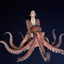 ektachrome, 3 5 mm, highly detailed : incredibly realistic, youthful demure asian woman riding on a flying octopus through the night sky, perfect features, feminine cut, beautiful three point perspective extreme closeup 3 / 4 portrait photo in style of chiaroscuro style 1 9 8 0 s frontiers in flight suit cosplay vogue fashion edition,