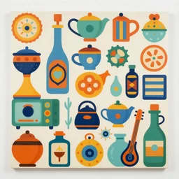 artifacts and trinkets illustrated in superflat contemporary style, intricate flat acrylic painting, monumental dynamic illustration, illusion surreal art, intricate detailed illustration, sci - fi poster art