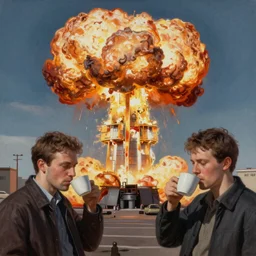 ultra realist soft painting of a nuclear bomb explosion, daily clothed man drinking his coffee, partial symmetry accurate features, very intricate details, focus, curvy, award winning