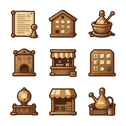 a set of fantasy icons, quest, shop, inventory, crafting, vector, fantasy, stylized