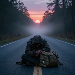 a sad rumpled old homeless with torn clothes goes into the distance with his torn old backpack, neon road, magical sunset, gloomy forest, magical fog, depression, post-apocalypse