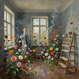 a room full of flowers growing from everywhere, vivid paint spitted chaotic on the walls, thin smoke going through windows, scaffold standing on the floor detailed and highly reliefed oil painting with canvas texture in style of Magritte, Sascha Schneider, Giorgio de Chirico, Pollock photorealistic, surrealistic, masterpiece, balanced composition, natural colors