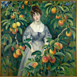 vintage beautiful painting of a woman living inside an overgrown fruit in Mary Cassatt style