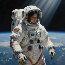painting, the embodiment of fragility, light beams, above earth, cinematic lighting, outer space, eva suit, sad, extremely detailed, sharp focus, by jordan grimmer and artgerm and greg rutkowski and alphonse mucha and maya takamura and bouguereau, [ [ [ wlop ] ] ], intricate, beautiful, trending on artstation, pixiv