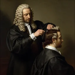 judge in judge's wig is making a haircut to another judge with a wig, classical painting by da vinci