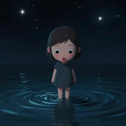 cute girl with puckered lips standing on top of water looking down with curiosity into the dark abys with the stars above reflecting onto the water, trending on artstation, trending on deviantart, cinematic lighting, high detail, greg rutkowski, 8 k, by charles vess, anoto finnstark