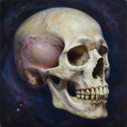 the flow of the nebula universe is what forms the ancient preist skull, by ross tran, oil on canvas