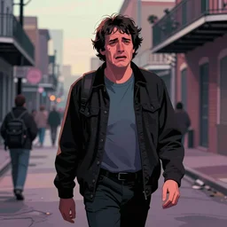 a colorful comic noir illustration of star - todd solondz walking and crying in new orleans by sachin teng, dark vibes, todd solendz face, pastel lighting, cinematic, depth of field, 8 k, high contrast
