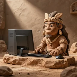 ancient caveman desktop pc made of clay stones and rudimentary materials