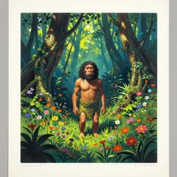 risograph, painting of a prehistoric caveman, thick jungle, wild flowers, vivid colors, by moebius and lehr paul and kim jung gi