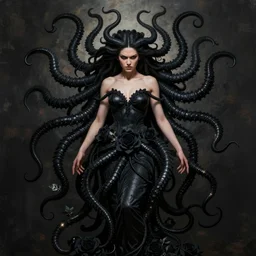 angry medusa, symmetrical portrait, realistic, full body, black rose, rich detail, by victo ngai photo grade