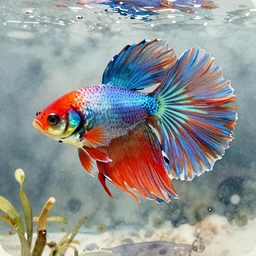 wide angle scene of an award winning watercolor painting of a Siamese fighting goldfish, digital art