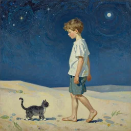 a boy and a cat,walking on the sand,starry sky by Mucha,highly details,oil painting