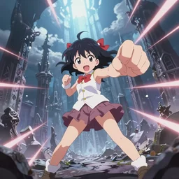 kawaii girl epic fight, behind is necropolis heaven, epic cinematic still, dynamic perspective, anime style, beautiful volumetric light