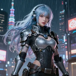 An epic fantastic realism comic book style portrait painting of a female cyber warrior,  beautiful asian girls, dieselpunk armor,  long fluffy hair, porcelain pale skin, cyberpunk color raining tokyo everywhere, Concept world Art,  unreal 5, DAZ, hyperrealistic, octane render, cosplay, RPG portrait, dynamic lighting