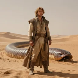 paul atreides on the planet dune standing before a sandworm, beautiful detailed realistic cinematic character concept fashion portrait, hi - fructose art magazine, by anton fadeev and paul lehr and david heskin and josan gonzalez, 8 k