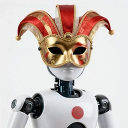 robot with a masquerade mask, venetian carnival, clean, designed by Boston Dynamics, red and gold and white stripes, painting by Leonardo da Vinci and Artgerm
