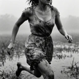 movie still close - up of a woman in a dirty dress running in a swamp, cinestill 8 0 0 t 3 5 mm b & w, heavy grain, high quality, high detail, mud, fog, rain