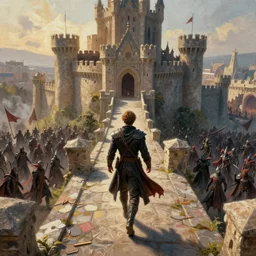 pencil art, aerial shot, realistic, cinematic, hyper detailed, smooth, hero walking up to the castle to fight an evil army.