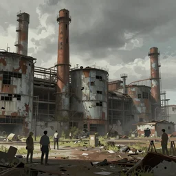 abandoned factory landscape. Concept art by Craig Mullins, Ryan Church, Finnian Macmanus, Sung Choi, Sparth, Hugh Ferriss and John Harris. Epic cinematic environment keyframe splash concept art trending on ArtStation