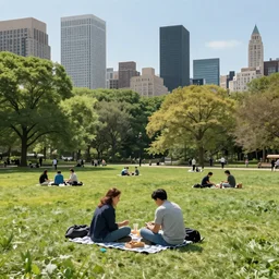 people having a picnick in a city park on a clear day, in symbolism style