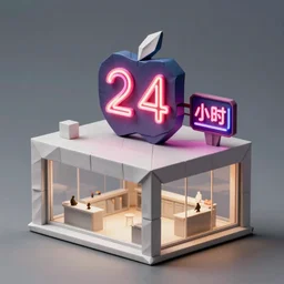 origami mini cyberpunk apple store has a neon sign of 2 4 hours, fantasy, intricate, elegant, highly detailed, digital painting, artstation, concept art, smooth, sharp focus illustration, created by jan urschel and sylvain sarrailh ， 4 5 ° 3 d viewing angle