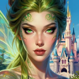 a close - up of beautiful tattooed fairy in front of the disney castle, hyper realistic face, green eyes, fantasy art, in the style of greg rutkowski, illustration, epic, fantasy, intricate, hyper detailed, artstation, concept art, smooth, sharp focus, vibrant, abstract