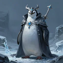 anthropomorphic evil penguin wearing dark clothes, icy landscape, weapons, dnd, mystical, frontal pose, character, fantasy, intricate, elegant, digital painting, artstation, concept art, smooth, 8 k frostbite 3 engine, ultra detailed, art by artgerm and greg rutkowski and magali villeneuve