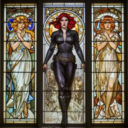 Portrait of Black Widow by Mohrbacher and Moebius and Alphonse Mucha, broken stained glass windows