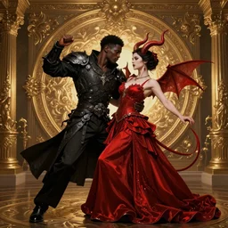 black man and a female devil in red dress with horns are dancing together, in Dark souls and elden ring style, insanely detailed and intricate, golden ratio, hypermaximalist, elegant, ornate, luxury, elite, ominous, haunting, matte painting, cinematic, cgsociety, James jean, Brian froud, ross tran, Laputa, photorealism