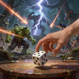 an epic battle in dream scape, as a hand tosses a d 2 0 die onto a the table. in the dreamscape shows fighting, lightning hitting an orc, magic shooting forth from different directions, artstation, artgerm, greg rutkowski and alphonse mucha 8 k