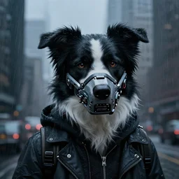 new york city portrait of furry anthro anthropomorphic border collie head animal person fursona wearing clothes strange cybernetic augmentations cyber muzzle gloomy rainy cyberpunk digital art by Greg Rutkowski, Simon Stalenhag, trending on Artstation, CGSociety