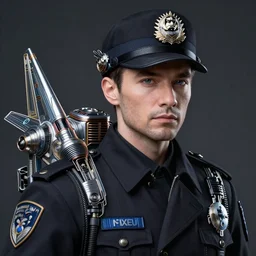 a 3 d classy classy elegant sophisticated very up close portrait of a male policeman, pale skin, stubble, black windbreaker ， eagle's eyes ， huge mechanics flying jet backpack ， ryuichi sakamoto, ultra detailed wire decoration, fantasy art ， by nixeu and guweiz and ilya kuvshinov, sleek curves, intricate sharp focus