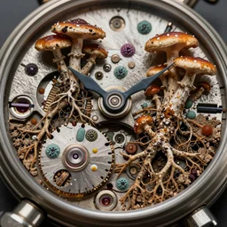 detailed view from inside a clockwork watch landscape, entangled roots covered in mushrooms, cracked earth, living spore microorganisms, decaying, rusty, hyper realistic photo, full colour, upscale, 8 k