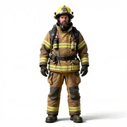 grizzled firefighter in full gear, high detail digital art, full body, standing, isolated on a pure white background, centered, whole figure in frame, sharp focus, studio lighting
