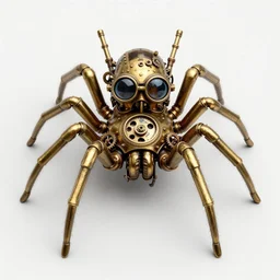 symmetrical brass steampunk spider. clockwork. gears, pipes. goggles. rivets. octane render. highly detailed.