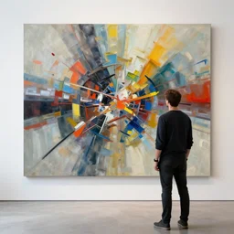 a man is standing in front of a large abstract piece of art, a raytraced image by Filip Hodas, behance contest winner, action painting, rendered in cinema4d, octane render, rendered in unreal engine,