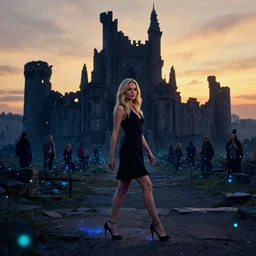 beautiful portret of mila kunis walking on high heels through blue glowing fireflies, epic wide vista dark ruins castle stones, 2 0 0 mm focal length, sundown, golden hour firefly wisps, steve hanks, charlie bowater, steve henderson, justin gerard, mark keathley, victor nizovtsev, ross tran, wlop, hajime sorayama