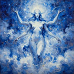 isis goddess in blue and white clouds oil painting of abstract surrealist forms by yvonne mcgillivray by mandy jurgens by michael divine, powerful eyes glowing highly detailed painting, spiritual abstract forms, symmetrical, trending on art station, abstract emotional, very beautiful, fantasy digital art, highly detailed patterned visionary art, magic symbols, by michael divine, cosmic nebula