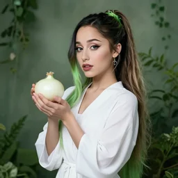 beautiful cottagecore Ariana Grande in a white robe holding a white onion, angelic, Black Hair, Goth, gothic, green hair, green plants, intricate, elegant, highly detailed, digital painting, artstation, concept art, smooth, sharp, focus, illustration, art by artgerm and greg rutkowski and alphonse mucha